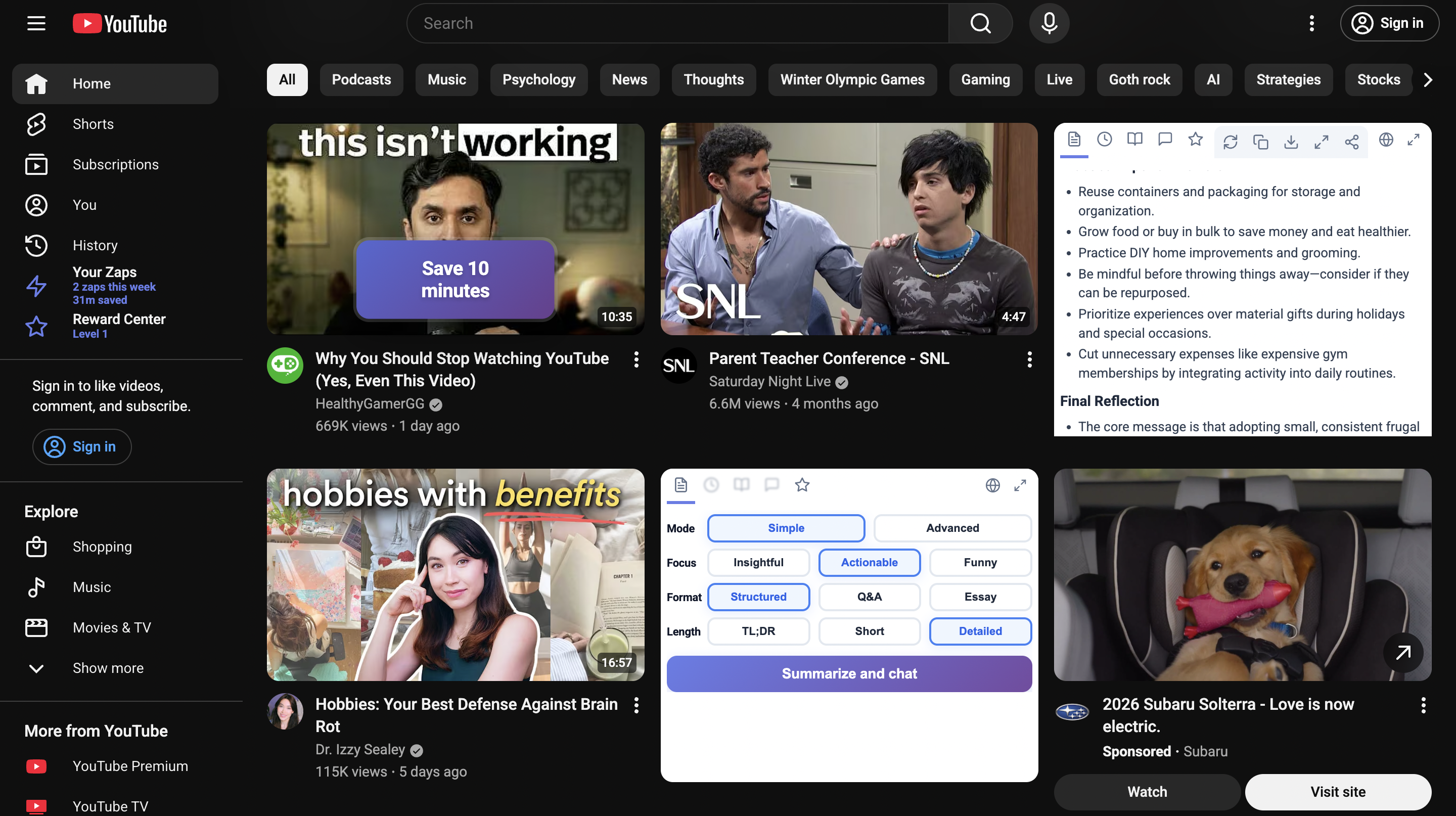ZapTube Chrome Extension - AI summary overlay on YouTube